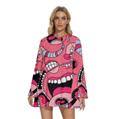 Big Mouth Worm Round Neck Long Sleeve Bohemian Style Chiffon Mini Dress by Dutashop