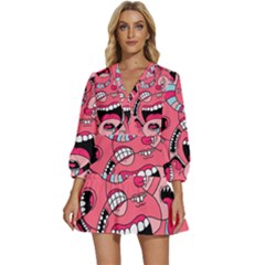 Big Mouth Worm V-neck Placket Mini Dress by Dutashop