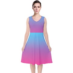 Blue Pink Purple V-neck Midi Sleeveless Dress 