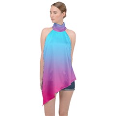 Blue Pink Purple Halter Asymmetric Satin Top