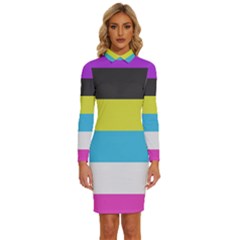 Bigender Flag Copy Long Sleeve Shirt Collar Bodycon Dress