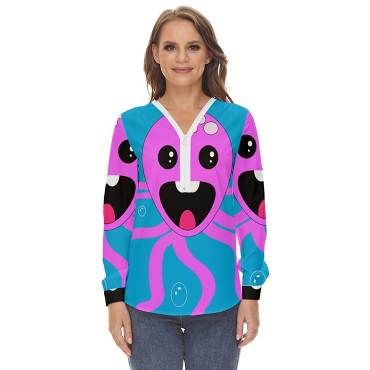 Bubble Octopus Copy Zip Up Long Sleeve Blouse