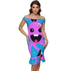 Bubble Octopus Copy Off Shoulder Ruffle Split Hem Bodycon Dress by Dutashop