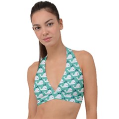 Whale Sea Blue Halter Plunge Bikini Top