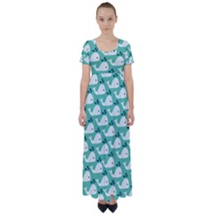 Whale Sea Blue High Waist Short Sleeve Maxi Dress