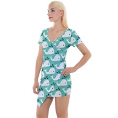 Whale Sea Blue Short Sleeve Asymmetric Mini Dress by Dutashop