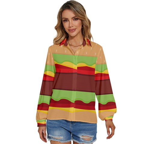 Cake Cute Burger Women s Long Sleeve Button Up Shirt by Dutashop