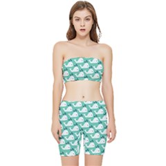 Whale Sea Blue Stretch Shorts And Tube Top Set by Dutashop