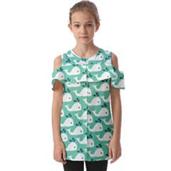 Whale Sea Blue Fold Over Open Sleeve Top