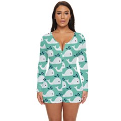 Whale Sea Blue Long Sleeve Boyleg Swimsuit