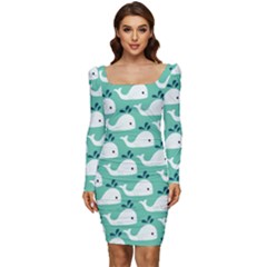 Whale Sea Blue Women Long Sleeve Ruched Stretch Jersey Dress