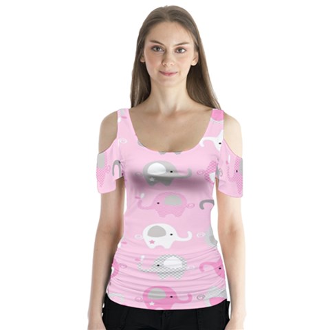 Animals Elephant Pink Cute Butterfly Sleeve Cutout T-shirt  by Dutashop