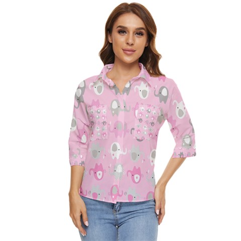 Animals Elephant Pink Cute Women s Quarter Sleeve Pocket Shirt by Dutashop