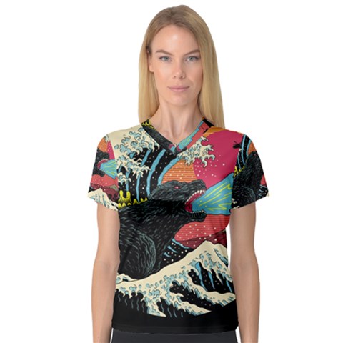 Retro Wave Kaiju Godzilla Japanese Pop Art Style V-neck Sport Mesh T-shirt by Modalart