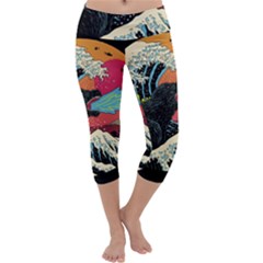 Retro Wave Kaiju Godzilla Japanese Pop Art Style Capri Yoga Leggings by Modalart