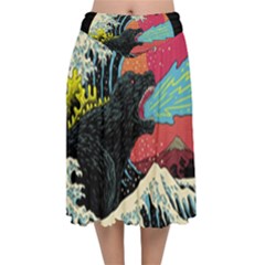 Retro Wave Kaiju Godzilla Japanese Pop Art Style Velvet Flared Midi Skirt by Modalart