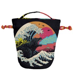 Retro Wave Kaiju Godzilla Japanese Pop Art Style Drawstring Bucket Bag by Modalart