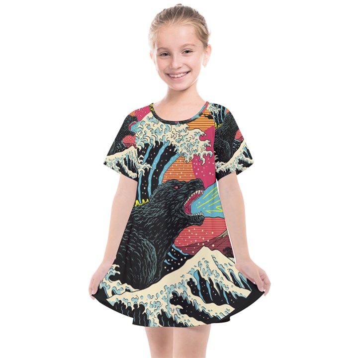 Retro Wave Kaiju Godzilla Japanese Pop Art Style Kids  Smock Dress