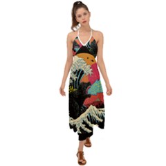 Retro Wave Kaiju Godzilla Japanese Pop Art Style Halter Tie Back Dress  by Modalart