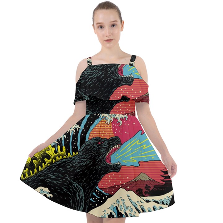 Retro Wave Kaiju Godzilla Japanese Pop Art Style Cut Out Shoulders Chiffon Dress