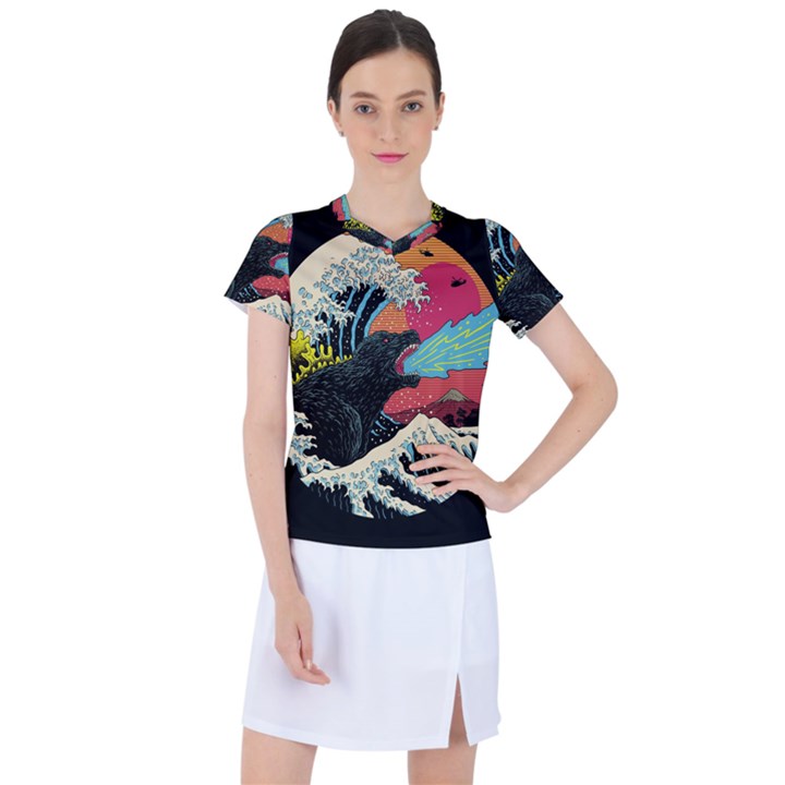 Retro Wave Kaiju Godzilla Japanese Pop Art Style Women s Sports Top