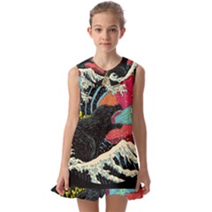 Retro Wave Kaiju Godzilla Japanese Pop Art Style Kids  Pilgrim Collar Ruffle Hem Dress by Modalart