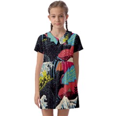 Retro Wave Kaiju Godzilla Japanese Pop Art Style Kids  Asymmetric Collar Dress by Modalart