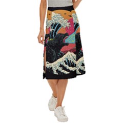 Retro Wave Kaiju Godzilla Japanese Pop Art Style Midi Panel Skirt by Modalart