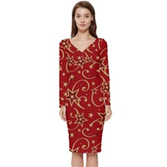 Christmas Texture Pattern Red Craciun Long Sleeve V-neck Bodycon Dress  by Sarkoni