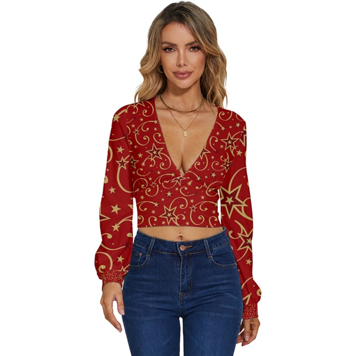 Christmas Texture Pattern Red Craciun Long Sleeve Deep-V Velour Top