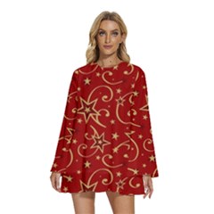 Christmas Texture Pattern Red Craciun Round Neck Long Sleeve Bohemian Style Chiffon Mini Dress by Sarkoni