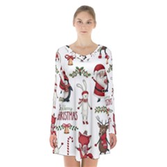 Christmas Characters Pattern Long Sleeve Velvet V-neck Dress by Sarkoni