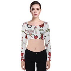 Christmas Characters Pattern Velvet Long Sleeve Crop Top by Sarkoni