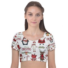 Christmas Characters Pattern Velvet Short Sleeve Crop Top  by Sarkoni