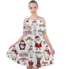 Christmas Characters Pattern Cut Out Shoulders Chiffon Dress by Sarkoni