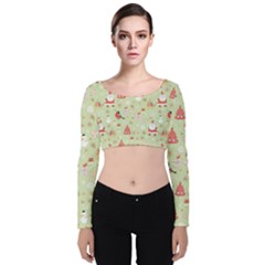 Christmas Pattern Christmas Tree Santa Velvet Long Sleeve Crop Top by Sarkoni