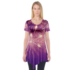 Fireworks On A Purple With Fireworks New Year Christmas Pattern Short Sleeve Tunic  by Sarkoni