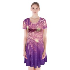 Fireworks On A Purple With Fireworks New Year Christmas Pattern Short Sleeve V-neck Flare Dress by Sarkoni