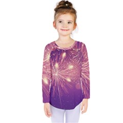 Fireworks On A Purple With Fireworks New Year Christmas Pattern Kids  Long Sleeve T-shirt