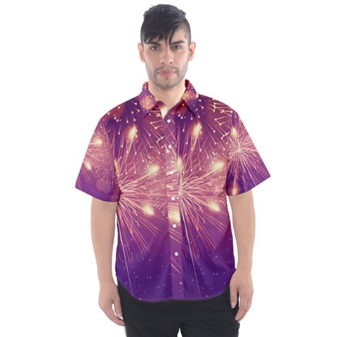 Fireworks On A Purple With Fireworks New Year Christmas Pattern Men s Short Sleeve Shirt by Sarkoni