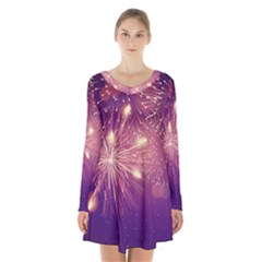 Fireworks On A Purple With Fireworks New Year Christmas Pattern Long Sleeve Velvet V-neck Dress by Sarkoni