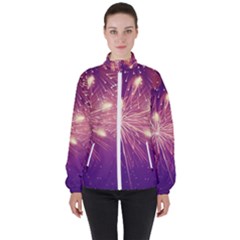 Fireworks On A Purple With Fireworks New Year Christmas Pattern Women s High Neck Windbreaker by Sarkoni