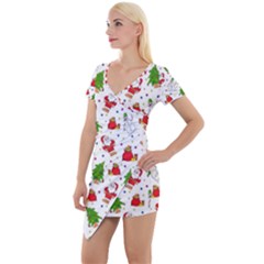 Christmas Santa Pattern Tree Short Sleeve Asymmetric Mini Dress by Sarkoni