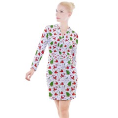 Christmas Santa Pattern Tree Button Long Sleeve Dress by Sarkoni