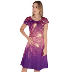 Fireworks On A Purple With Fireworks New Year Christmas Pattern Classic Short Sleeve Dress by Sarkoni