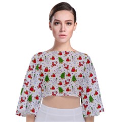 Christmas Santa Pattern Tree Tie Back Butterfly Sleeve Chiffon Top by Sarkoni