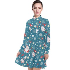 Christmas Pattern Santa Blue Long Sleeve Chiffon Shirt Dress by Sarkoni