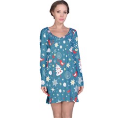 Christmas Pattern Santa Blue Long Sleeve Nightdress by Sarkoni