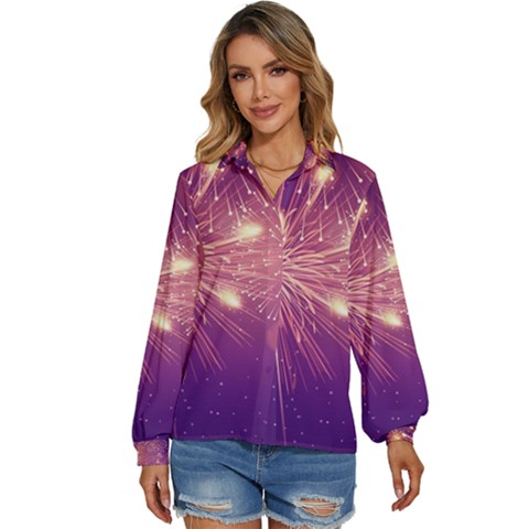 Fireworks On A Purple With Fireworks New Year Christmas Pattern Women s Long Sleeve Button Up Shirt by Sarkoni