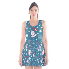 Christmas Pattern Santa Blue Scoop Neck Skater Dress by Sarkoni